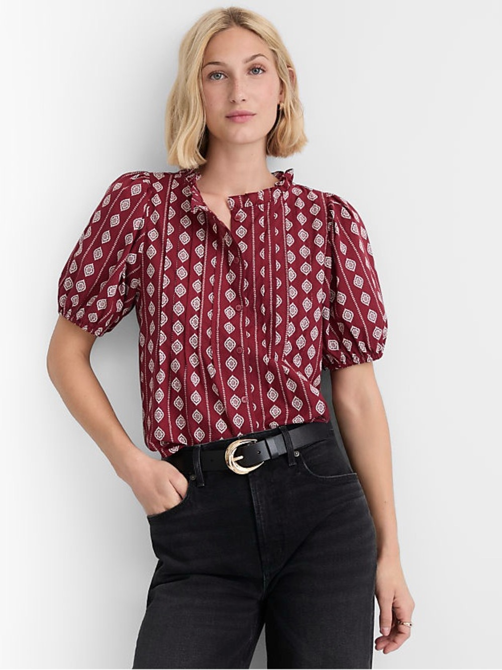 LOFT Tiled Pintucked Puff Sleeve Blouse medium red
